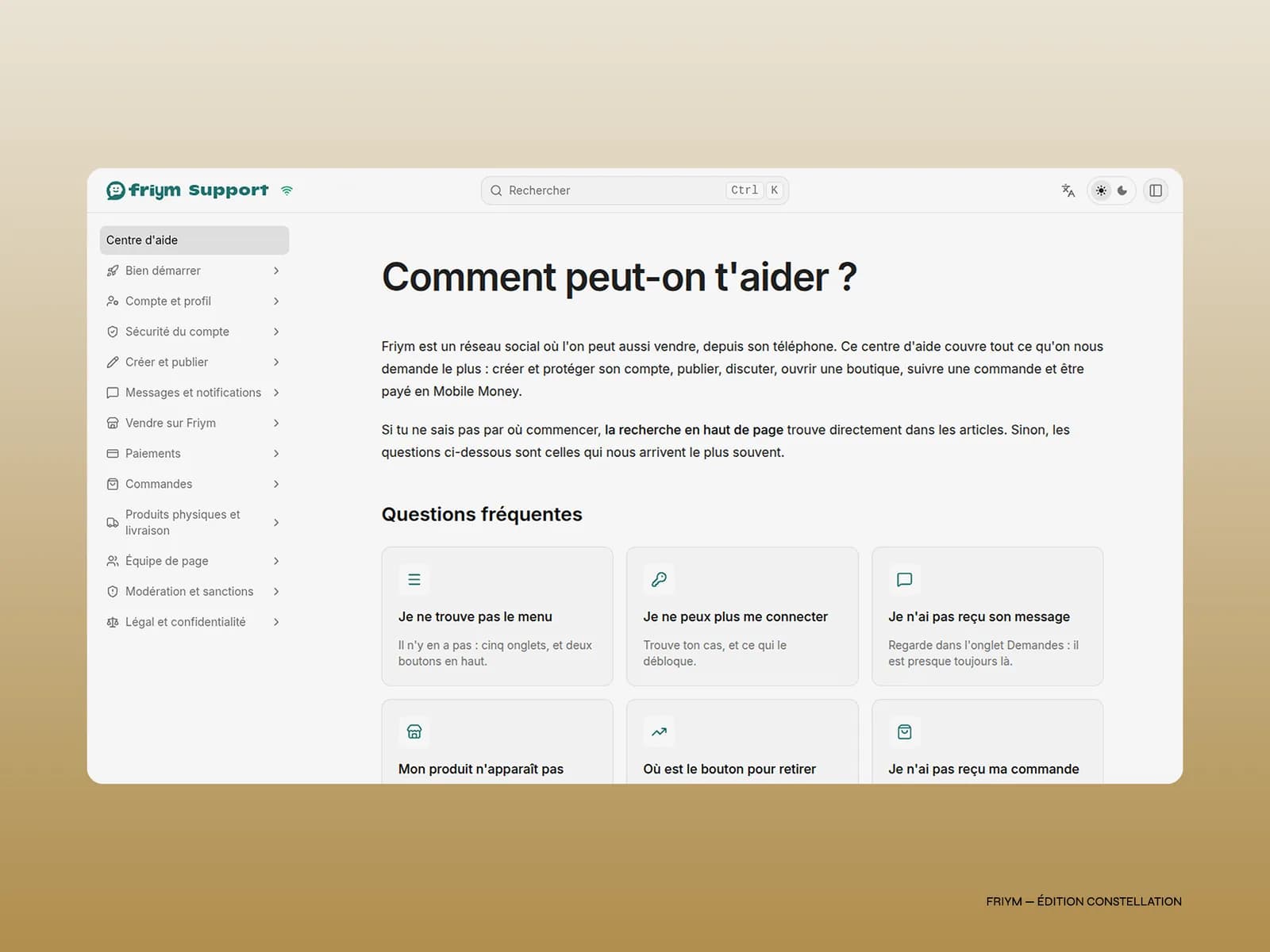 Page d'accueil du centre d'aide Friym