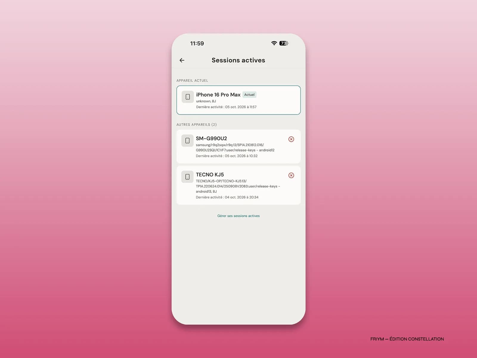 Liste des sessions et appareils connectés au compte