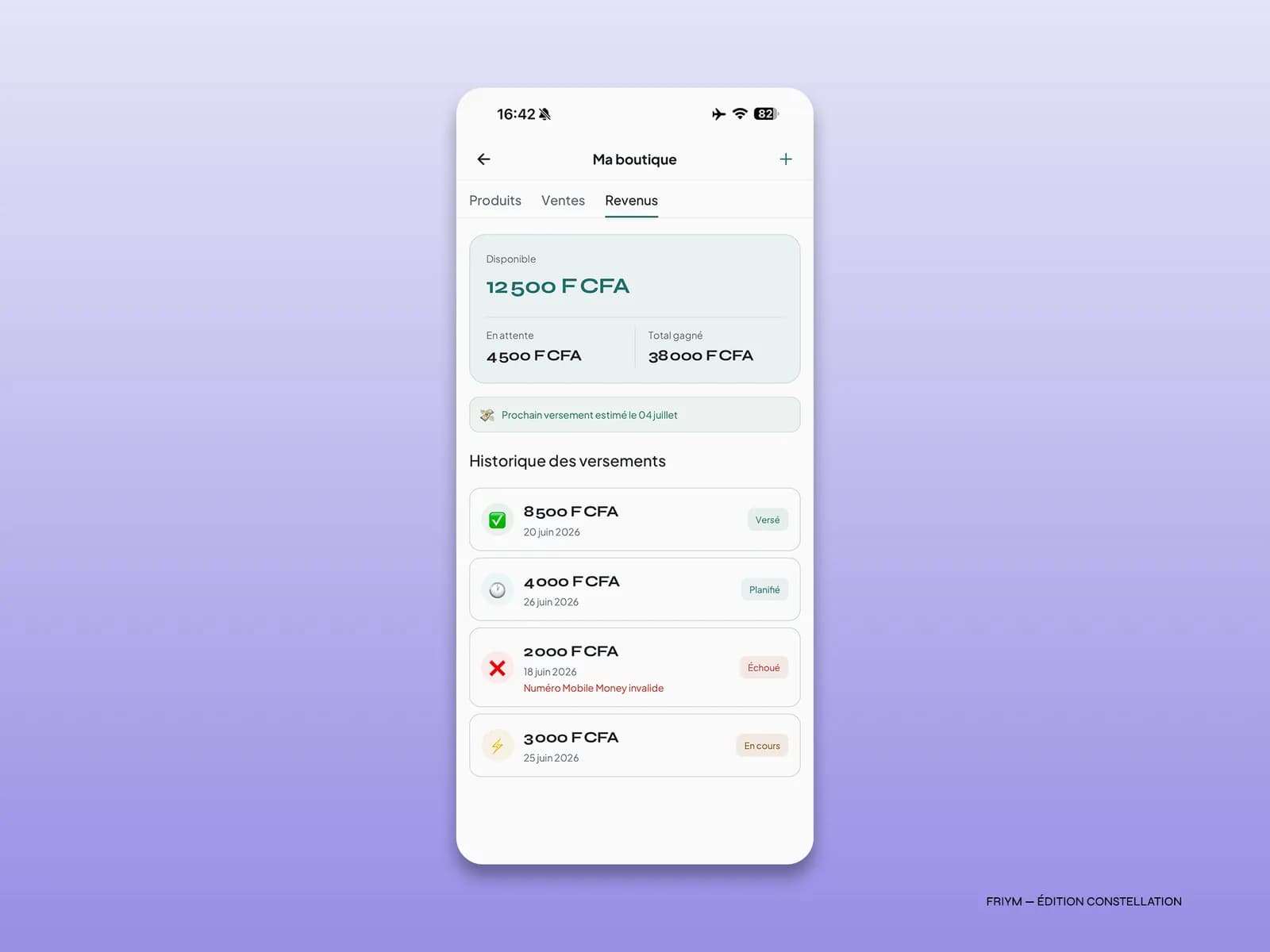 Tableau de bord des revenus et des versements Mobile Money